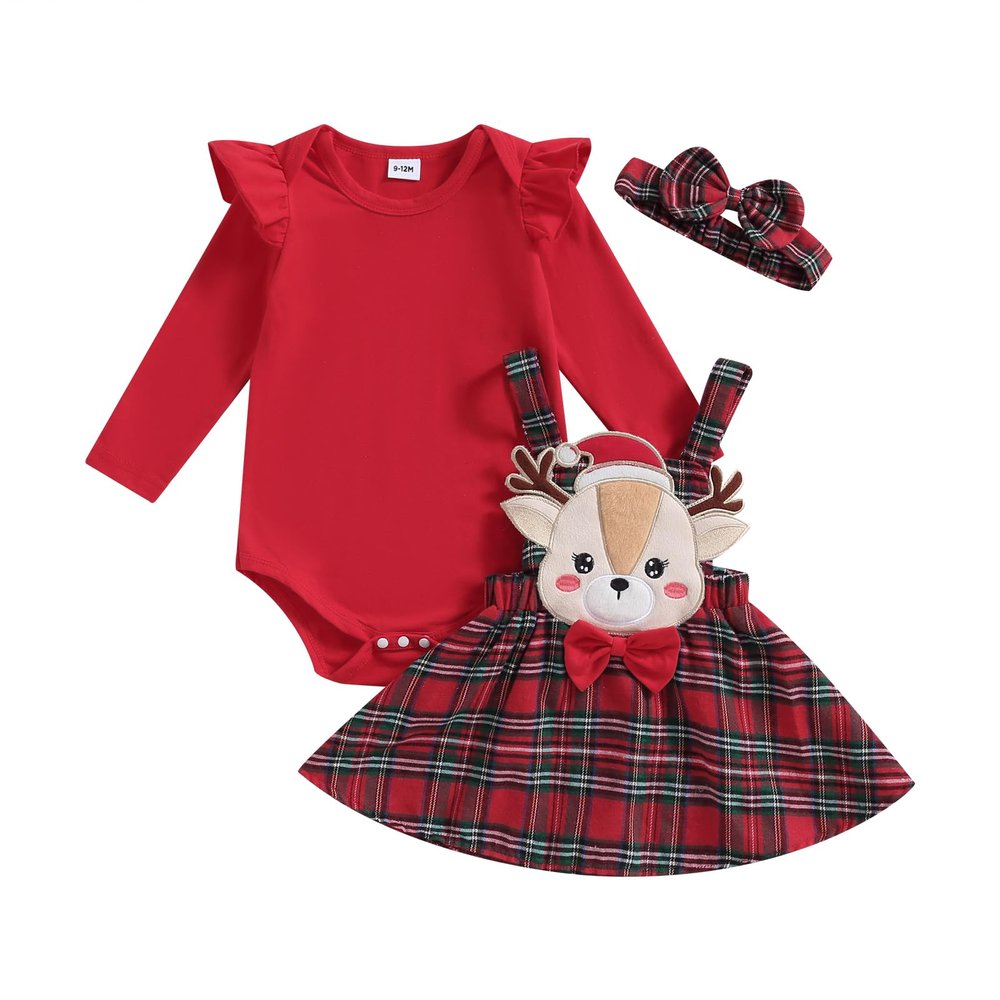 Ledy Champswiin Infant Girl Christmas Outfit Ruffled Long Sleeve Romper A-Line Elk Embroidery Plaid Skirt Bow Headband Set (Red, 3-6 Months)