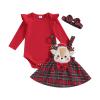 Ledy Champswiin Infant Girl Christmas Outfit Ruffled Long Sleeve Romper A-Line Elk Embroidery Plaid Skirt Bow Headband Set (Red, 3-6 Months) view 1