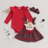Ledy Champswiin Infant Girl Christmas Outfit Ruffled Long Sleeve Romper A-Line Elk Embroidery Plaid Skirt Bow Headband Set (Red, 3-6 Months) view 2