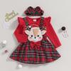Ledy Champswiin Infant Girl Christmas Outfit Ruffled Long Sleeve Romper A-Line Elk Embroidery Plaid Skirt Bow Headband Set (Red, 3-6 Months) view 3