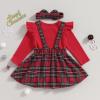 Ledy Champswiin Infant Girl Christmas Outfit Ruffled Long Sleeve Romper A-Line Elk Embroidery Plaid Skirt Bow Headband Set (Red, 3-6 Months) view 4