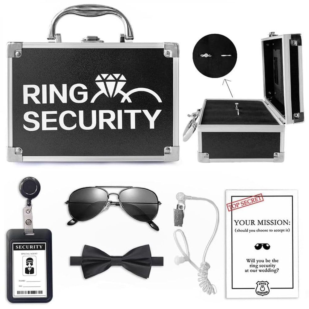 COSLANLEE Ring Bearer Briefcase Ring Security Gift Set, 6PCS with Badge, Bow Tie, Sun Glasses, Earpiece & Mission Card Special Agent Security for Wedding Proposal Outfit Cosplay
