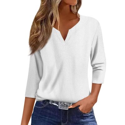 3/4 Length Sleeve Womens Tops Casual Notched V Neck Knit Cute Shirts Button Up Plain Three Quarter Length Dressy Blouses Winter Trendy Althletic Holiday Tunic Tops Fall Sweaters 2025, White, X-Large