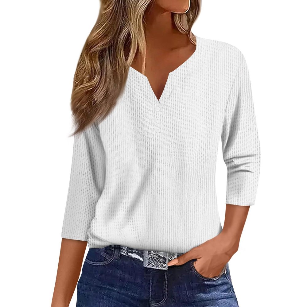 3/4 Length Sleeve Womens Tops Casual Notched V Neck Knit Cute Shirts Button Up Plain Three Quarter Length Dressy Blouses Winter Trendy Althletic Holiday Tunic Tops Fall Sweaters 2025, White, X-Large