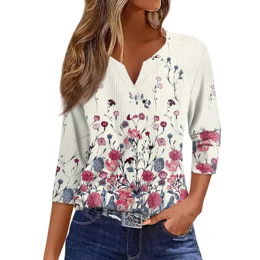 3/4 Length Sleeve Womens Tops Printed Knit Notched V Neck T Shirts Henley Button Three Quarter Casual Dressy Floral Blouses Fall Loose Soft Tunic Tops Winter Clothes 2025, Purple Pink, X-Large