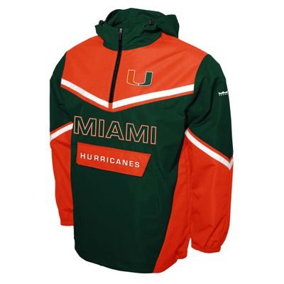 2Bhip NCAA Miami Hurricanes Mens Half Zip Water-resistant Windbreaker Hoodie Pullover With Kangaroo Pocket