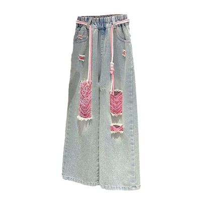 Colorful Denim Ripped Pants for Girls Children's Casual Street Style Distressed Wide Leg Elastic Waist (Pink, 4-5 Years)
