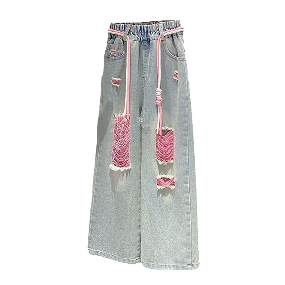 Colorful Denim Ripped Pants for Girls Children's Casual Street Style Distressed Wide Leg Elastic Waist (Pink, 4-5 Years)