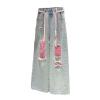 Colorful Denim Ripped Pants for Girls Children's Casual Street Style Distressed Wide Leg Elastic Waist (Pink, 4-5 Years) view 1