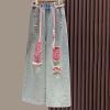 Colorful Denim Ripped Pants for Girls Children's Casual Street Style Distressed Wide Leg Elastic Waist (Pink, 4-5 Years) view 2