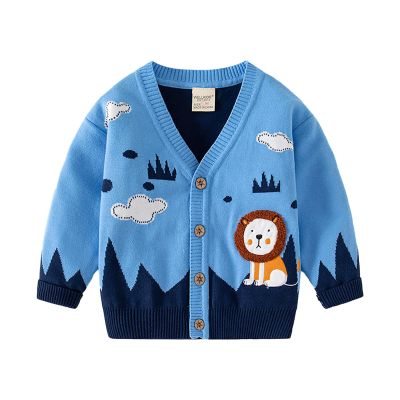 Boys and Toddler's V-Neck Knit Cardigan Sweater Cartoon Lion School Uniform Cardigan Button Down (Blue, 3-4 Years)