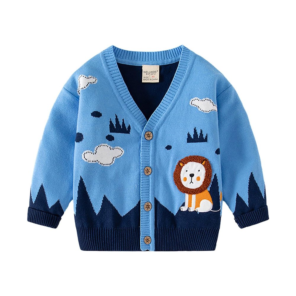 Boys and Toddler's V-Neck Knit Cardigan Sweater Cartoon Lion School Uniform Cardigan Button Down (Blue, 3-4 Years)