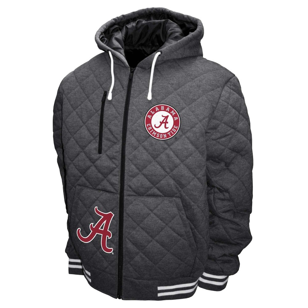 2Bhip NCAA Alabama Crimson Tide Adult Gray Full Zip Soft Quilted Hoodie Coat Jackets With Pockets Campus Jacket