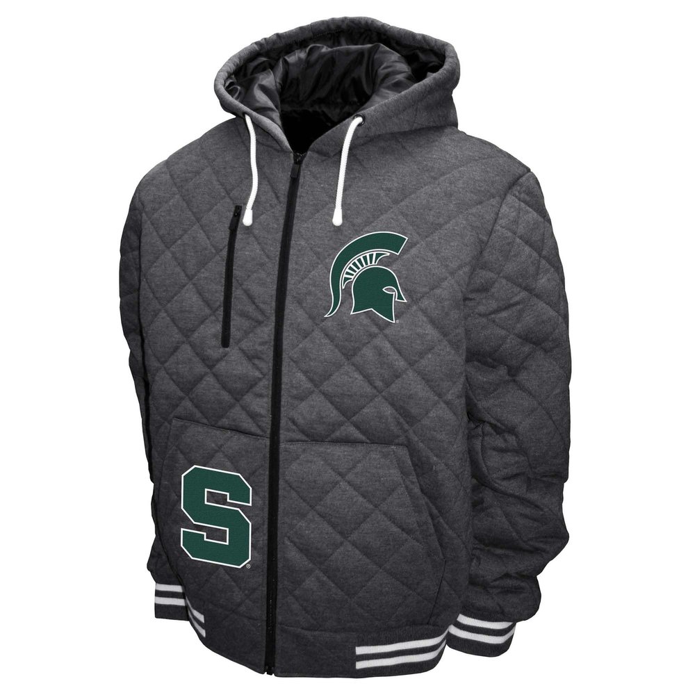 2Bhip NCAA Michigan State University Spartans Adult Gray Full Zip Soft Quilted Hoodie Coat Jacket With Pockets