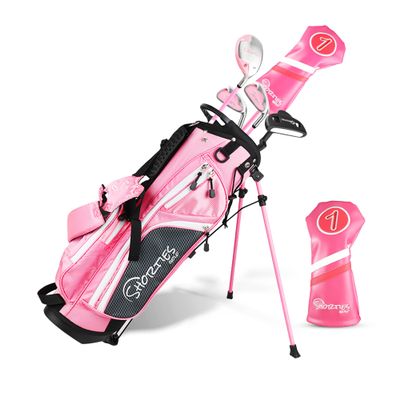 Shorties Golf - Junior Kids Golf Club Set | Perfect for Junior Golfers, and Kids 46"-51" Tall | EasyCarry Stand Bag | Driver, 30-Degree Hybrid, 7-Iron, Pitching Wedge, Putter | Pink Left Orientation
