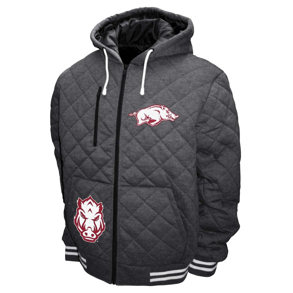 2Bhip NCAA University of Arkansas Razorbacks Adult Gray Full Zip Soft Quilted Hoodie Coat Jacket With Pockets