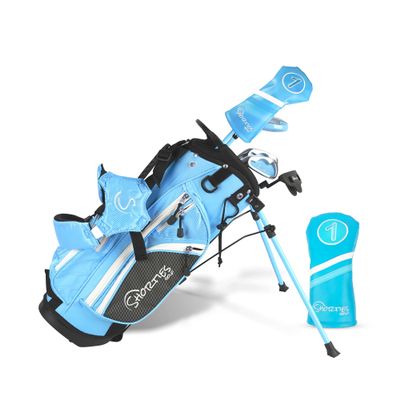 Shorties Golf - Junior Kids Golf Club Set | Perfect for Junior Golfers, and Kids 46"-51" Tall | EasyCarry Stand Bag | Driver, 30-Degree Hybrid, 7-Iron, Pitching Wedge, Putter | Blue Right Orientation