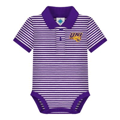 Creative Knitwear College Baby Striped Polo Bodysuit - Northern Iowa Logo, Purple/White, for Boys & Girls, 3-6 Months
