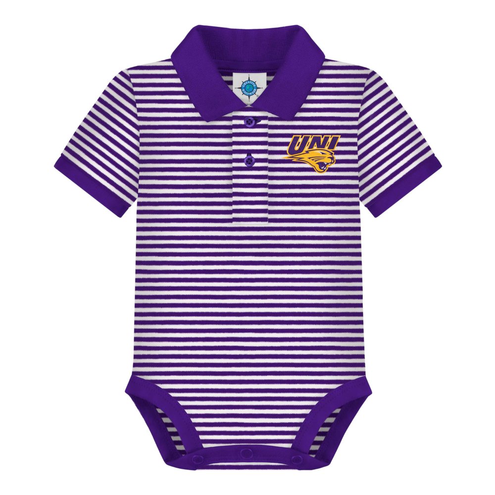 Creative Knitwear College Baby Striped Polo Bodysuit - Northern Iowa Logo, Purple/White, for Boys & Girls, 3-6 Months