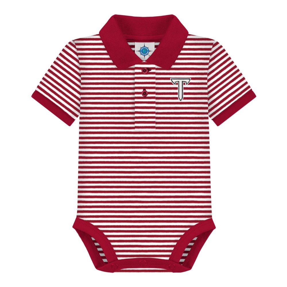 College Baby Striped Polo Bodysuit - Troy Trojans "T" Sword Logo, Crimson/White, for Boys & Girls, 6-9 Months