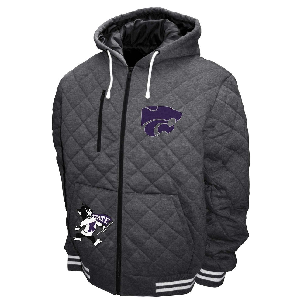 2Bhip NCAA Kansas Sate University Wildcats Adult Gray Full Zip Soft Quilted Hoodie Coat Jacket With Pockets