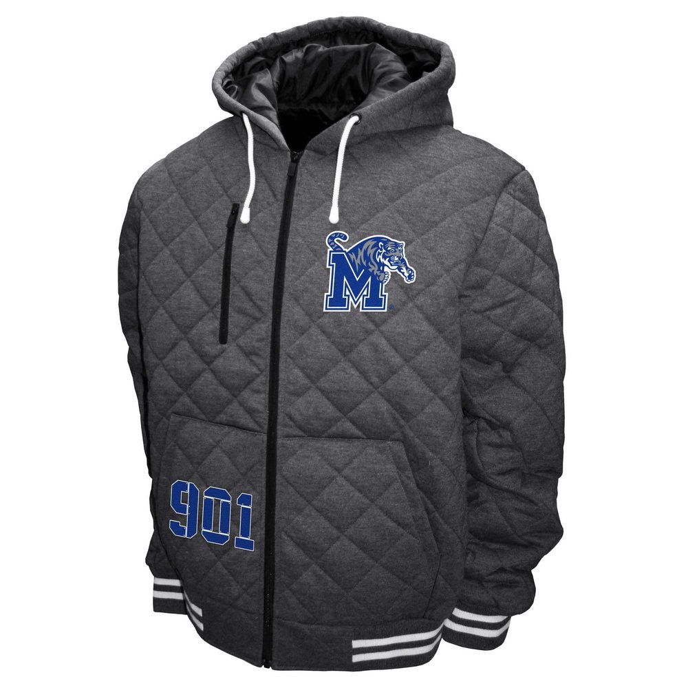 2Bhip NCAA University of Memphis Tigers 901 Adult Gray Full Zip Soft Quilted Hoodie Coat Jacket With Pockets