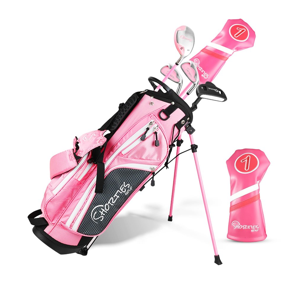 Shorties Golf - Junior Kids Golf Club Set | Perfect for Junior Golfers, and Kids 46"-51" Tall | EasyCarry Stand Bag | Driver, 30-Degree Hybrid, 7-Iron, Pitching Wedge, Putter | Pink Right Orientation