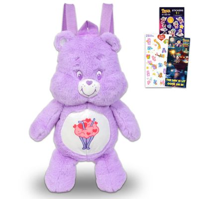 Care Bears Share Bear Plushie Set - Bundle of 17" Share Bear Plush Backpack Doll with Carrying Straps Plus Stickers, More | Care Bears Stuffed Animal