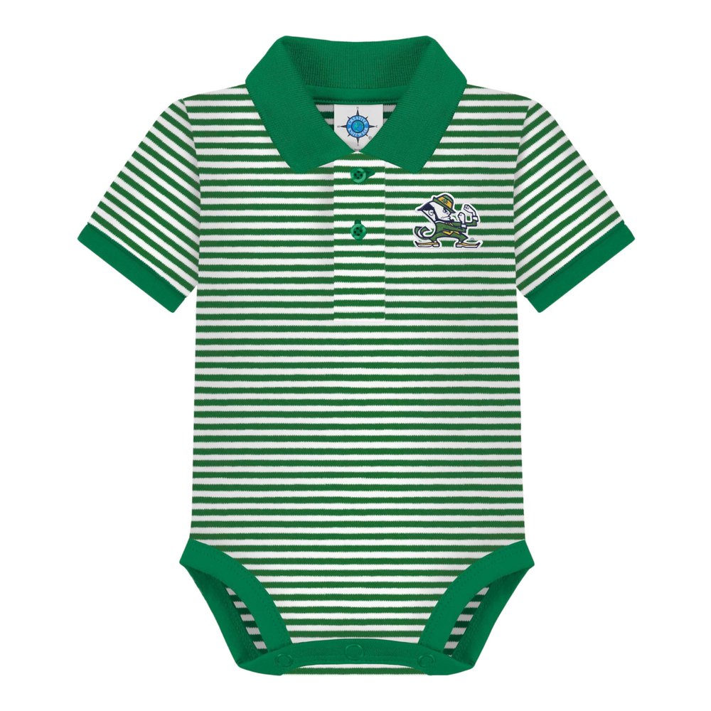Creative Knitwear College Baby Striped Polo Bodysuit - Notre Dame Fighting Irish Leprechaun Logo, Kelly/White, 0-3 Months