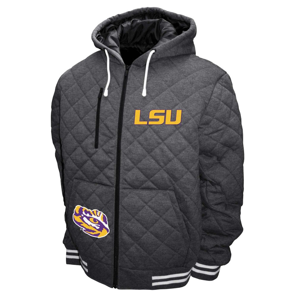 2Bhip NCAA Louisiana State LSU Tigers Adult Gray Full Zip Soft Quilted Hoodie Coat Jackets With Pockets