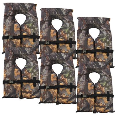 6 Pack Coast Guard Approved Life Jackets. High Visibility Color Type II Keyhole Life Vest in Classic May West Style. Compliance Flotation Device Adult Camo