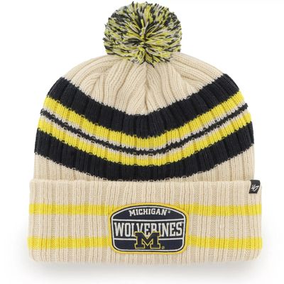 47 Michigan Wolverines Natural Hone Cuff Striped Beanie Hat with Pom Pom - NCAA Premium Cuffed Knit Hat