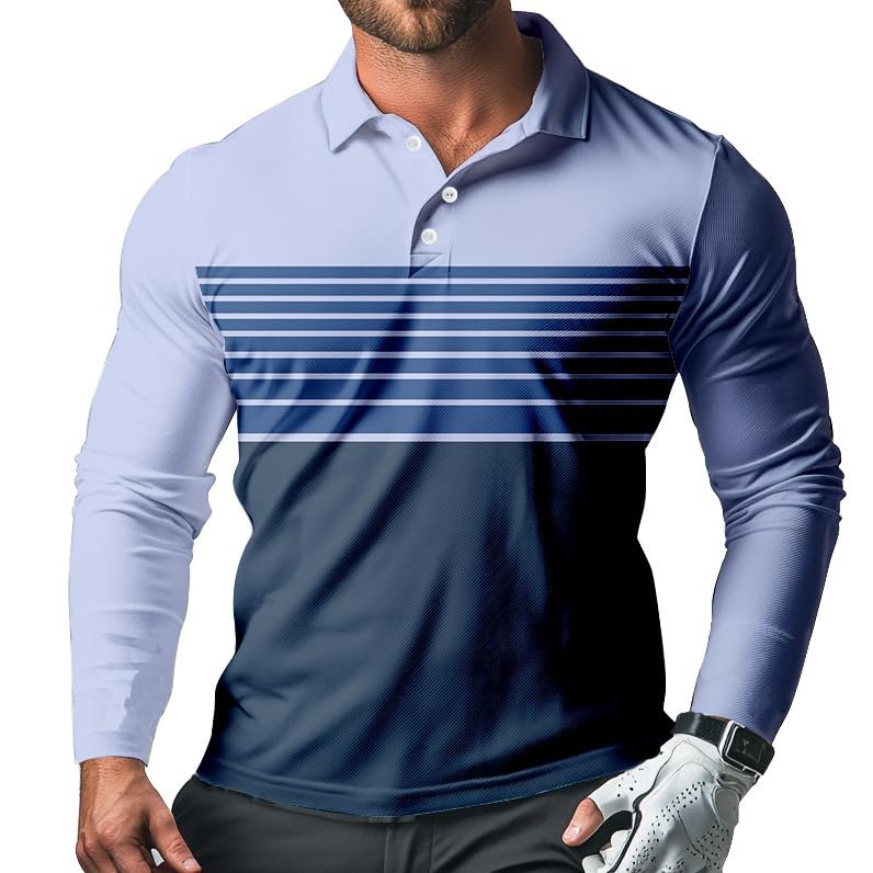 SQPO Men's Long Sleeve Blue Stripes Quick Dry Golf 3 Button Shirt Casual Lightweight Collared Polo Running Shirt 4X-Large