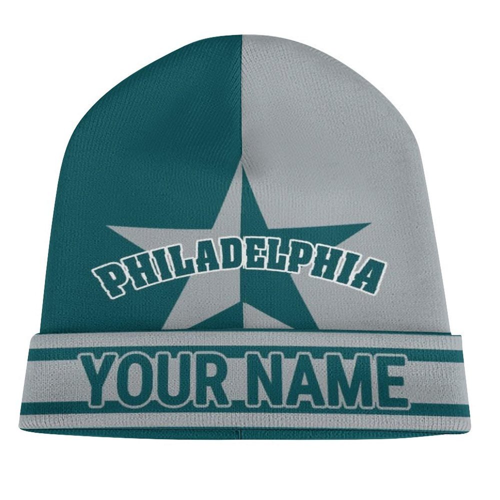 City Custom Football Beanie Hat for Men Women Color-Block Personalized Name Cuffed Knit Hats Warm Winter Cap Fan Gift Green Gray