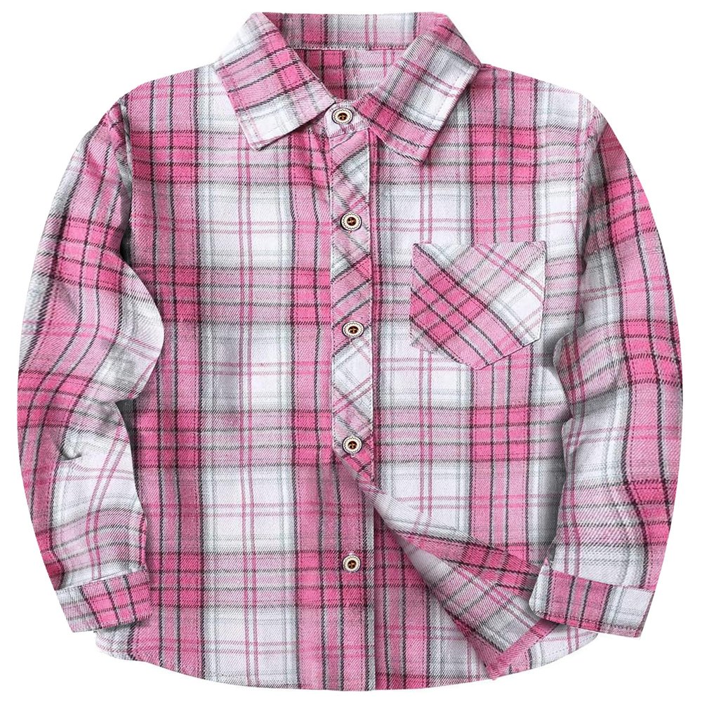SELINK Girls Long Sleeve Flannel Shirt Kids Buffalo Plaid Button Down Shirt Casual Cute Flannel Blouse Tops Bright Pink XXL
