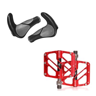 BUCKLOS Red MTB Flat Pedals Mountain Bike Pedals and Single Lock-on Bike Handlebar Grips Ergonomic Mountain Bicycle Handle Grips