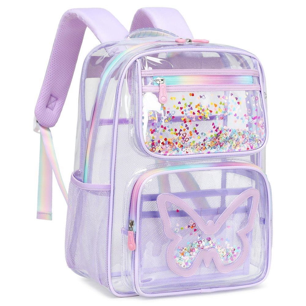Clear Backpack for School,Large Bookbag Heavy Duty See Through Butterfly Backpacks for Girls Stadium Approved Daypack Transparent Shoulder Bags for Students,Teens,Women,Work,Travel,Concert Purple