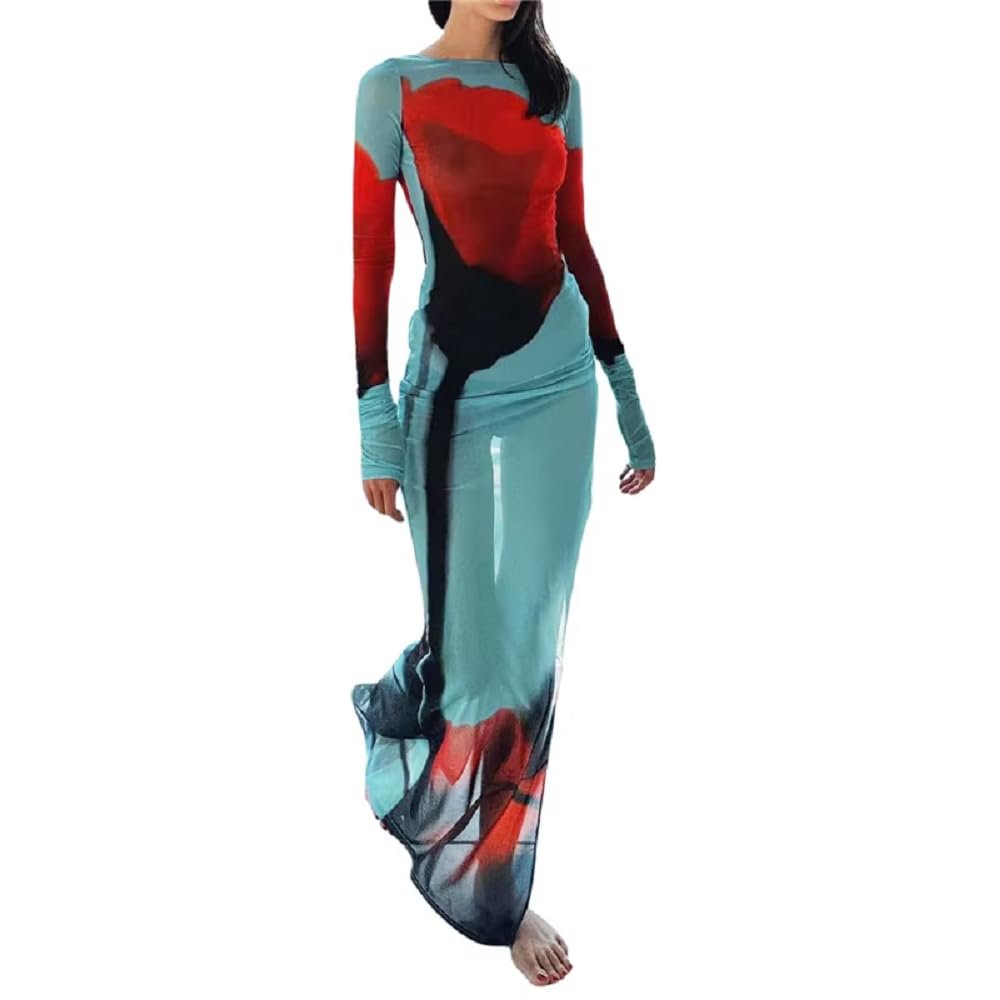 Women's Sexy Mesh Sheer Floral Print Maxi Dress Long Sleeve See Through Split Bodycon Party Club Cover Up Dresses