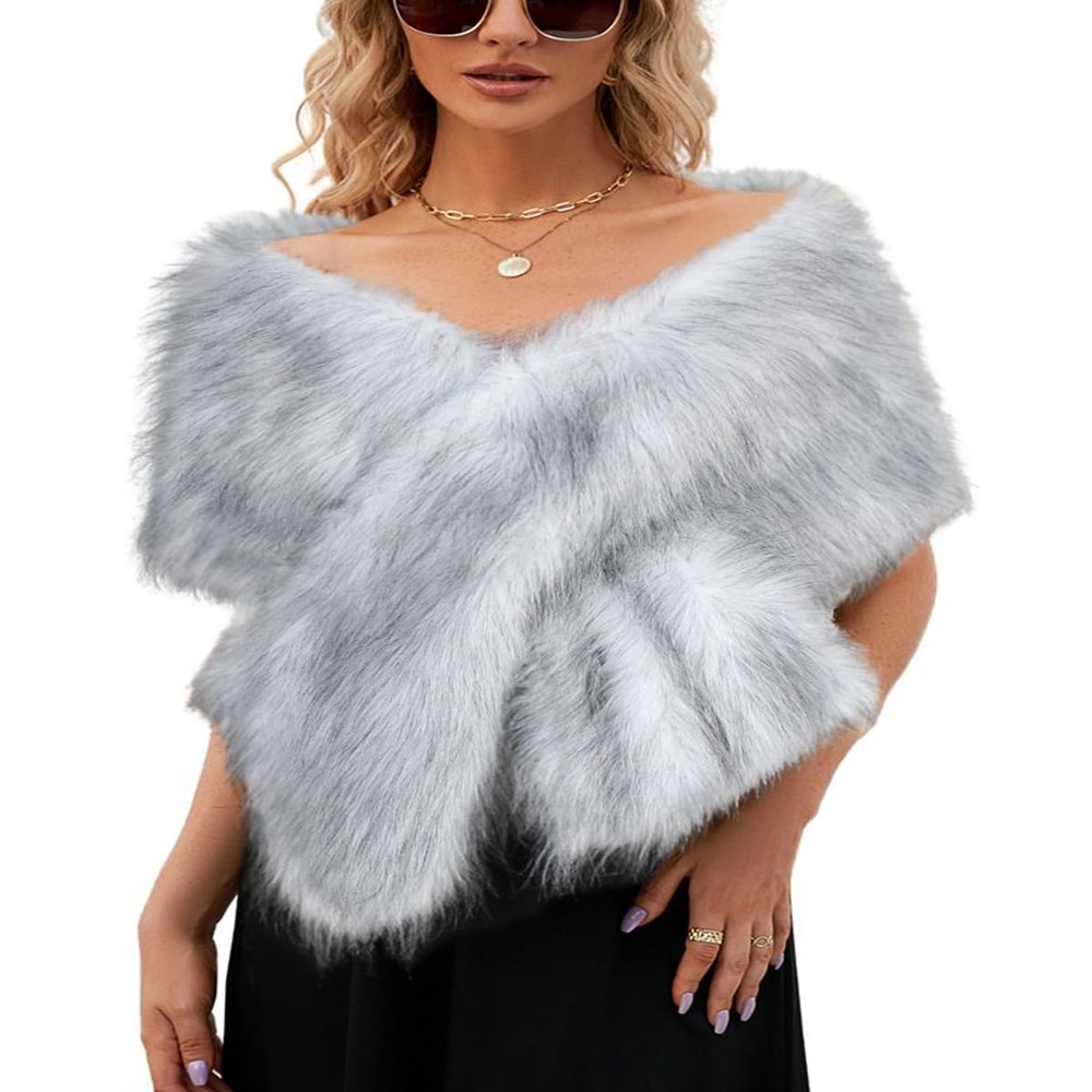 ebossy Women's Faux Fur Shawl Luxury Warm Winter Wrap Cape for Bridal Wedding Banquet Party (One Size, Grey 3)