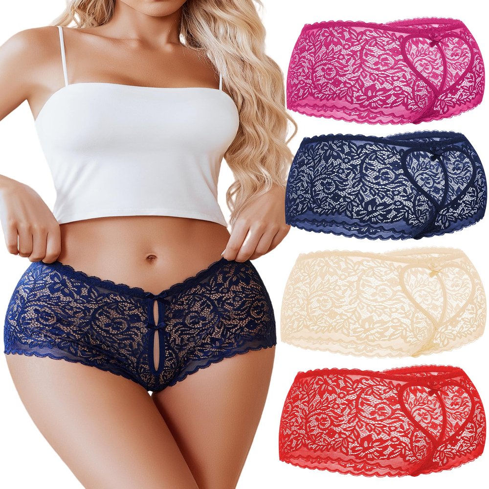 Avidlove Sexy Underwear For Women Lace BoyShorts Panties High Waist Panties Soft Cheeky Panties Rose Red/Red/Champagne/Navy Blue S