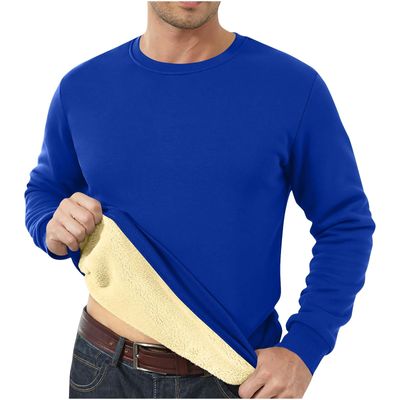 Men's Fleece Sweatshirts Winter Thicken Sherpa Lined Warm Crewneck Pullovers Long Sleeve Heavyweight Basic Underwear Blue