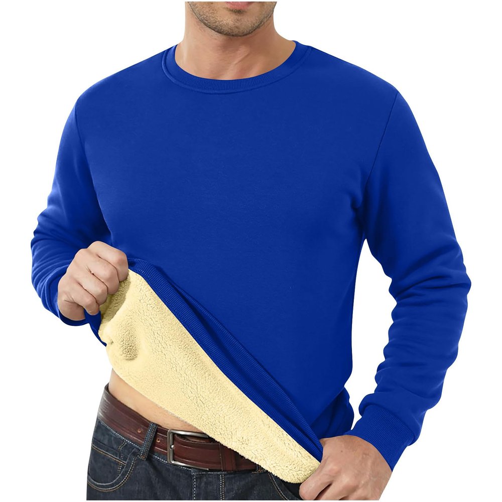 Men's Fleece Sweatshirts Winter Thicken Sherpa Lined Warm Crewneck Pullovers Long Sleeve Heavyweight Basic Underwear Blue