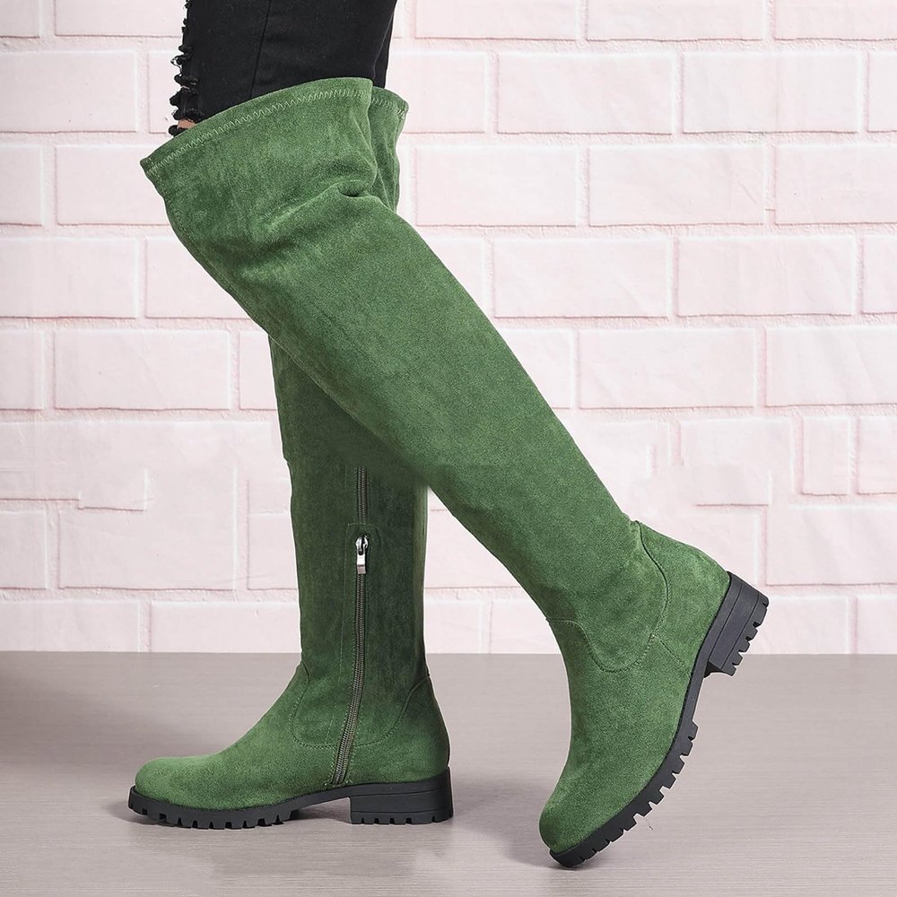 Womenyiaor Women's Thigh High Boots, Platform Over The Knee Boots Chunky Heel Long Stretch Knee High Boots Comfortable Round Toe Fashion Suede Winter Boots (g-Green, 8.5)