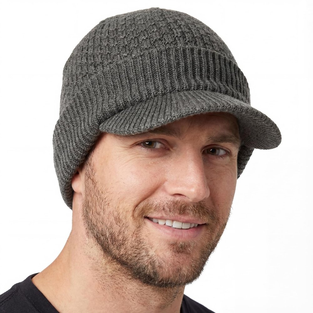 TOP-EX PolarWool XL/XXL Winter Hats with Brim for Men Women - Merino Wool Beanie Knit Stocking Cap with Visor Bill, Warm Brimmed Golf Beanie for Cold Weather Dark Grey