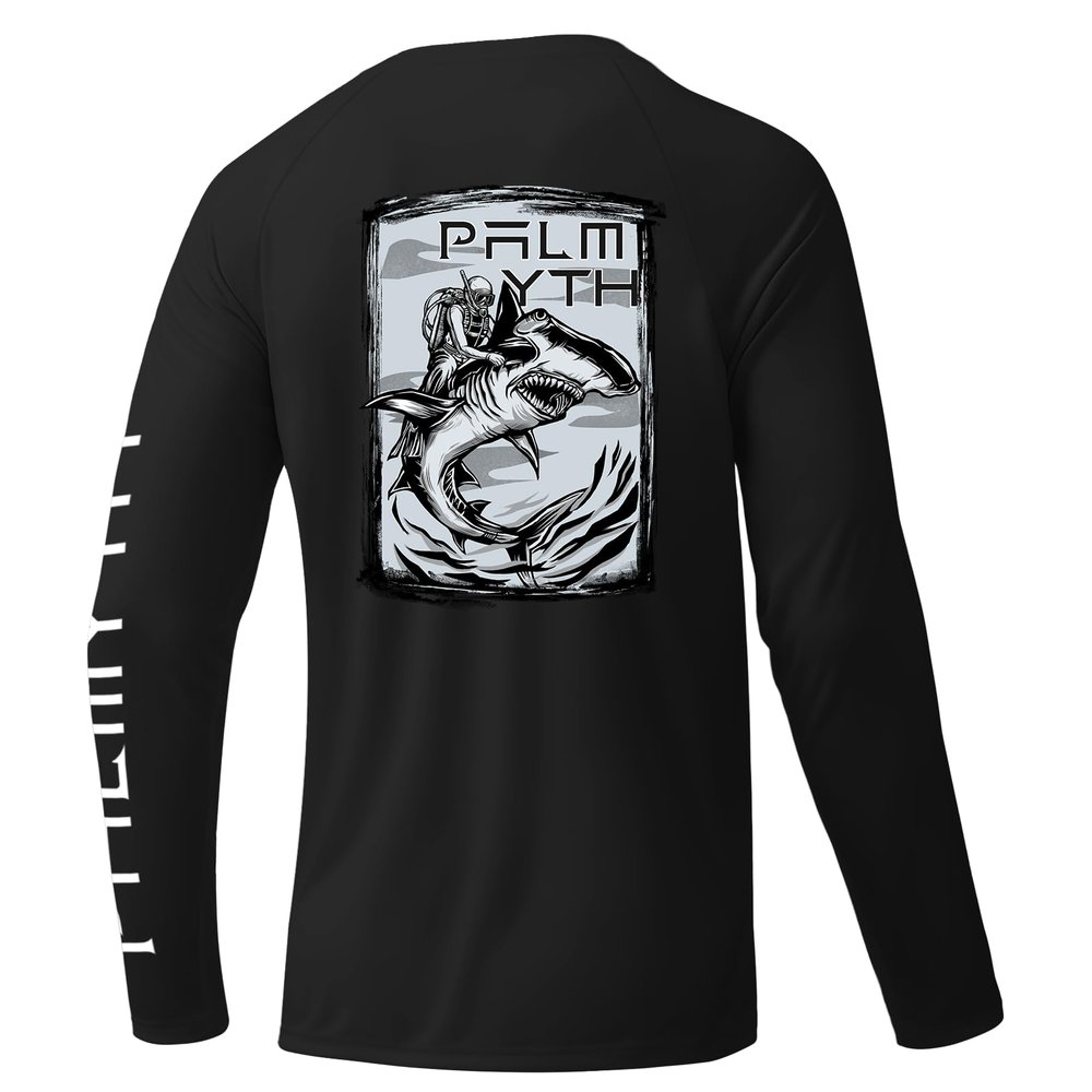 Palmyth Mens Fishing Shirts Sun Protection T-Shirts UV UPF 50+ Long Sleeve Rash Guard Tee Black Diver Shark XL