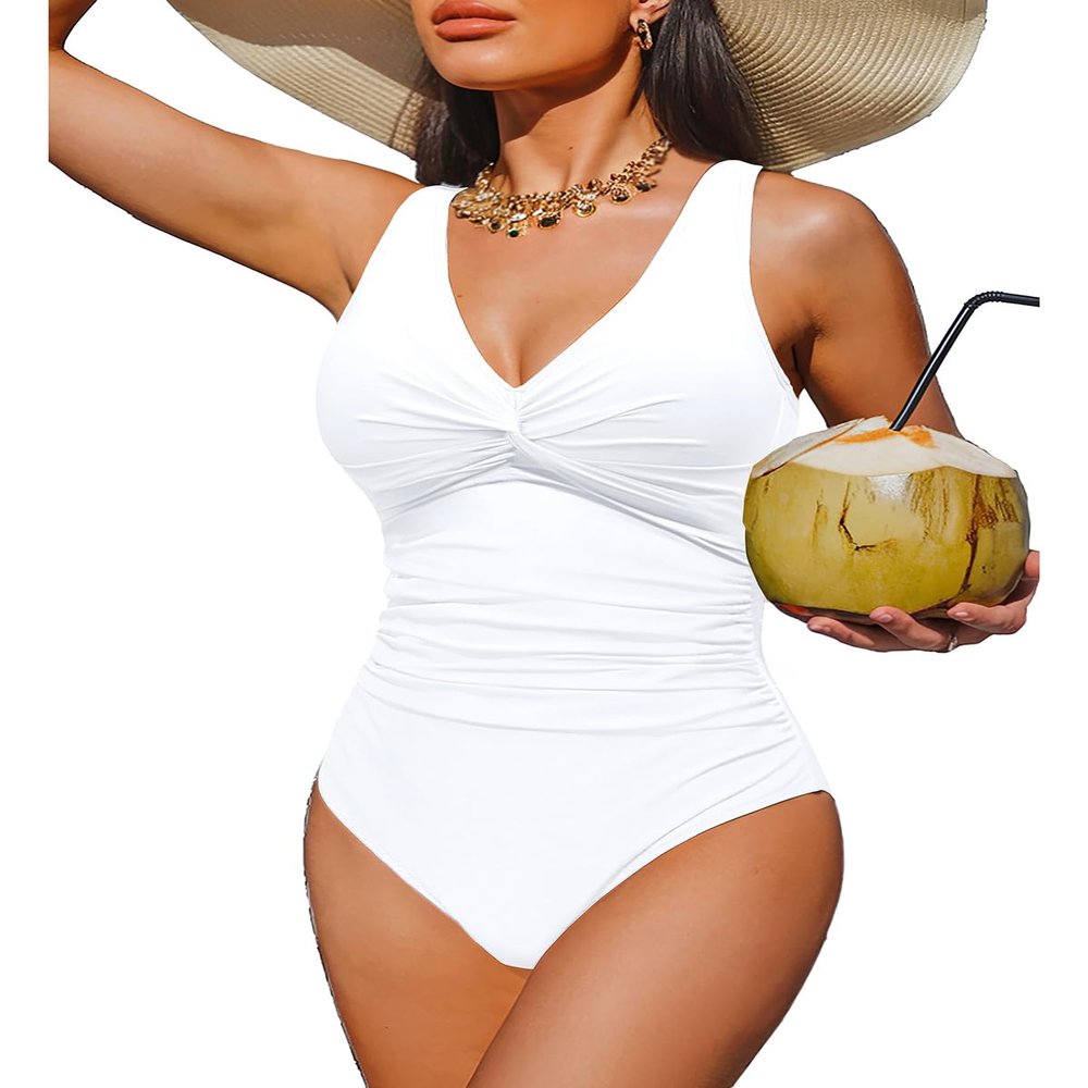 Holipick White Women Tummy Control One Piece Swimsuit - Push Up Bathing Suit Full Coverage Slimming Swimwear 22 Plus (US 22W)