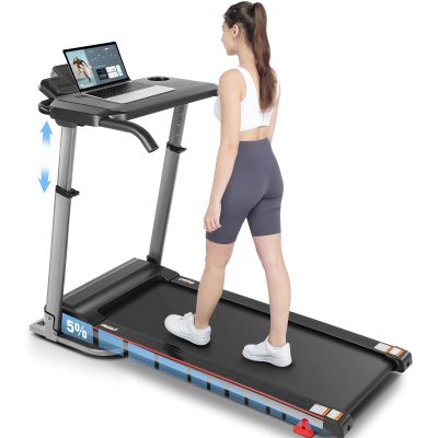 Treadmill with Incline, Folding Treadmill with Desk Workstation & Adjustable Height Pulse Sensor, 2.5 HP Quiet Brushless, 7.5 MPH, 300 LBS Capacity, Perfect Treadmills for Home/Office/Gym Use Gray