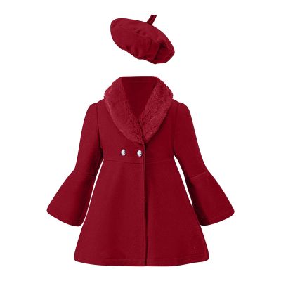 Girls Trench Coats Long Sleeve Furry Collar Warm Peacoat with Beret Hat Set for Casual Wear Toddler (Red, 3-4 Years)