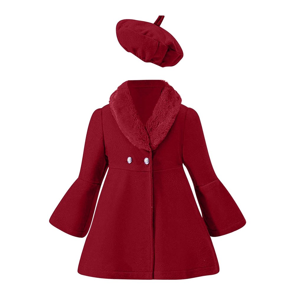 Girls Trench Coats Long Sleeve Furry Collar Warm Peacoat with Beret Hat Set for Casual Wear Toddler (Red, 3-4 Years)