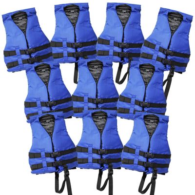 10 Pack Life Jacket Paddle Vest; Coast Guard Approved Type III PFD Life Vest Flotation Device; Jet ski, Wakeboard, Kayak; Ideal Extra Life Jacket for Pontoon Boat Blue Child